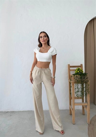 İNCE KEMER BEL LASTİKLİ PALAZZO KETEN PANTOLON KREM