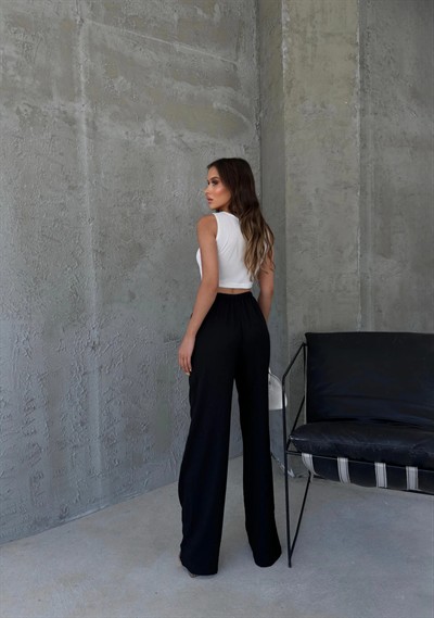 İNCE KEMER BEL LASTİKLİ PALAZZO KETEN PANTOLON SİYAH