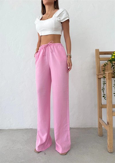 İNCE KEMER BEL LASTİKLİ PALAZZO KETEN PANTOLON PEMBE