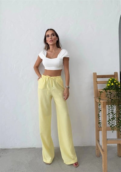 İNCE KEMER BEL LASTİKLİ PALAZZO KETEN PANTOLON SARI