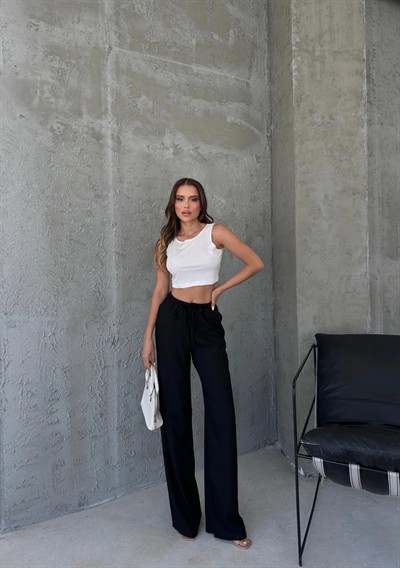 İNCE KEMER BEL LASTİKLİ PALAZZO KETEN PANTOLON SİYAH