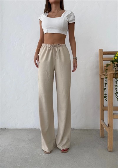 İNCE KEMER BEL LASTİKLİ PALAZZO KETEN PANTOLON KREM