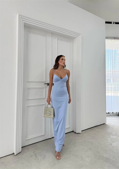 İP ASKILI DANTEL DETAY UZUN KALEM ELBİSE MAVİ