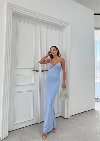 İP ASKILI DANTEL DETAY UZUN KALEM ELBİSE MAVİ