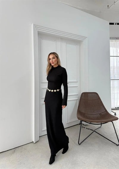 İSPANYOL KOL BEL AKSESUAR KEMER DETAY UZUN OTTOMAN ELBİSE SİYAH