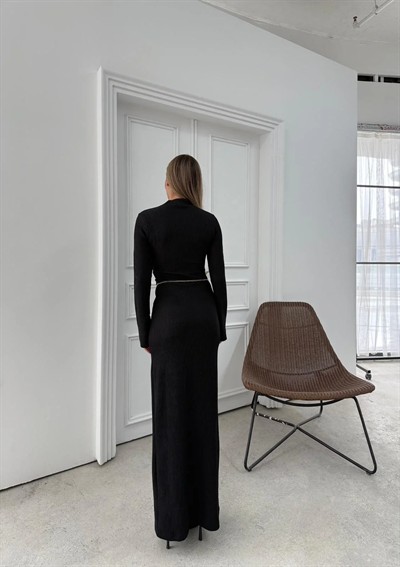 İSPANYOL KOL BEL AKSESUAR KEMER DETAY UZUN OTTOMAN ELBİSE SİYAH