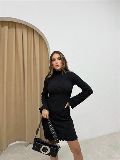 İSPANYOL KOL GOFRE ELBİSE SİYAH