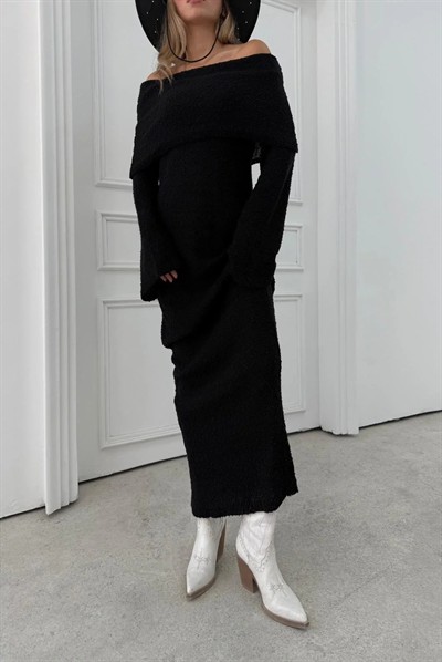 İSPANYOL KOL MADONNA YAKA UZUN TRİKO ELBİSE SİYAH