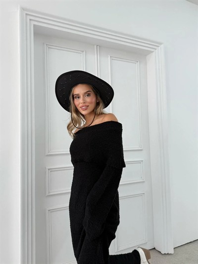 İSPANYOL KOL MADONNA YAKA UZUN TRİKO ELBİSE SİYAH