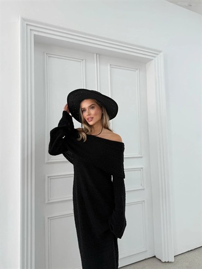 İSPANYOL KOL MADONNA YAKA UZUN TRİKO ELBİSE SİYAH