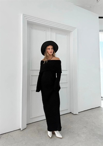 İSPANYOL KOL MADONNA YAKA UZUN TRİKO ELBİSE SİYAH