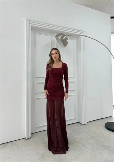 KARE YAKA ETEK TÜL DETAY UZUN ELBİSE BORDO