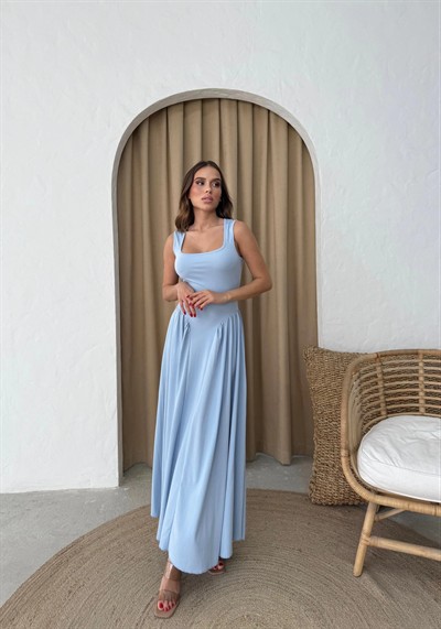 KARE YAKA UZUN SANDY ELBİSE MAVİ