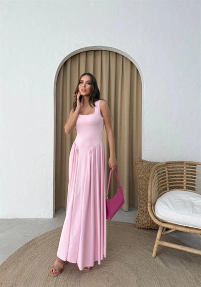 KARE YAKA UZUN SANDY ELBİSE PEMBE