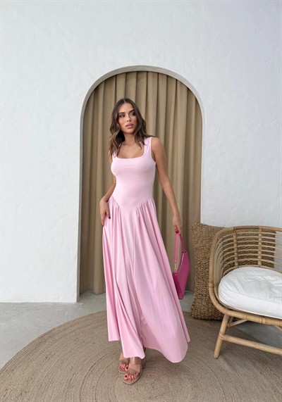 KARE YAKA UZUN SANDY ELBİSE PEMBE