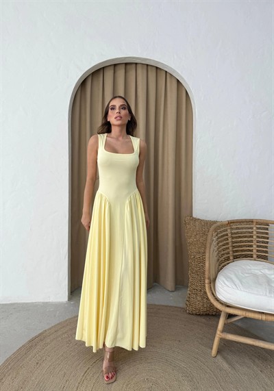 KARE YAKA UZUN SANDY ELBİSE SARI