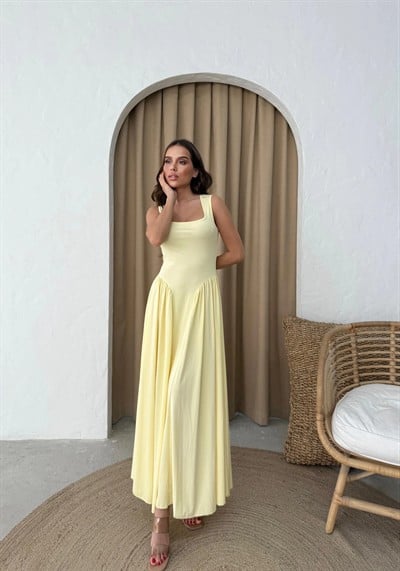 KARE YAKA UZUN SANDY ELBİSE SARI