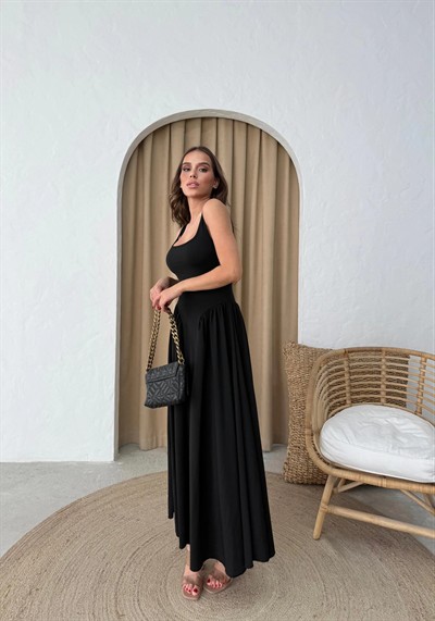 KARE YAKA UZUN SANDY ELBİSE SİYAH