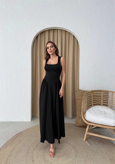 KARE YAKA UZUN SANDY ELBİSE SİYAH