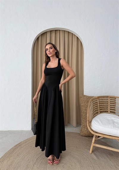 KARE YAKA UZUN SANDY ELBİSE SİYAH