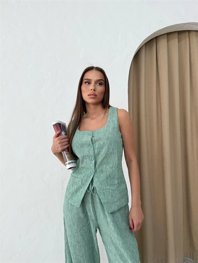 KARE YAKA YELEK VE PANTOLONLU KETEN İKİLİ TAKIM YEŞİL