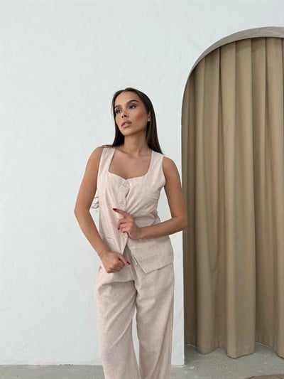KARE YAKA YELEK VE PANTOLONLU KETEN İKİLİ TAKIM KREM