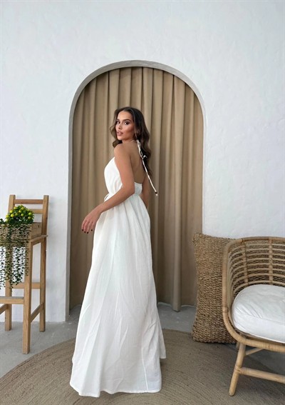 KEMERLİ BOYUN BAĞLAMA DETAY SIRT DEKOLTEUZUN ASTARLI KETEN ELBİSE BEYAZ