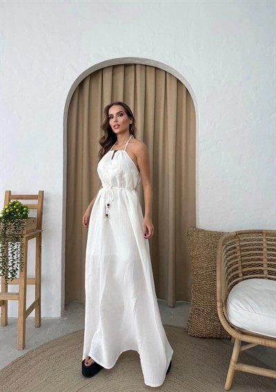 KEMERLİ BOYUN BAĞLAMA DETAY SIRT DEKOLTEUZUN ASTARLI KETEN ELBİSE BEYAZ