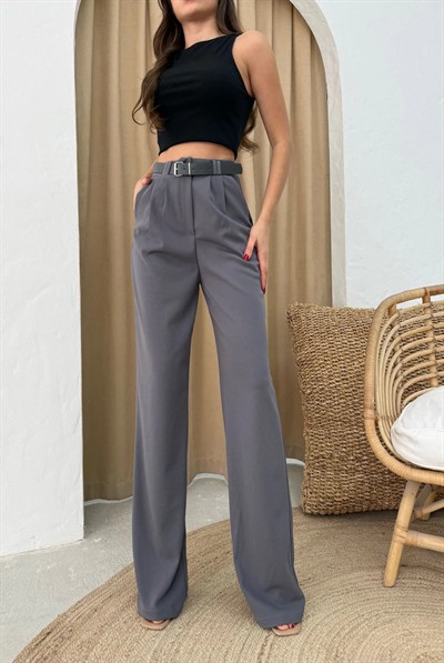 KEMERLİ PALAZZO CREP KUMAŞ PANTOLON GRİ