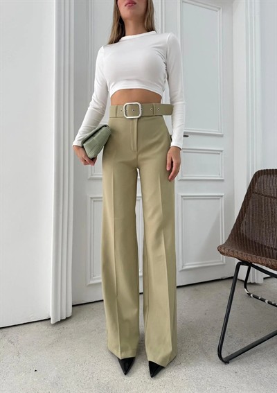 KEMERLİ YÜKSEK BEL İSPANYOL PAÇA DOUBLE KUMAŞ PANTOLON YEŞİL