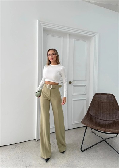 KEMERLİ YÜKSEK BEL İSPANYOL PAÇA DOUBLE KUMAŞ PANTOLON YEŞİL
