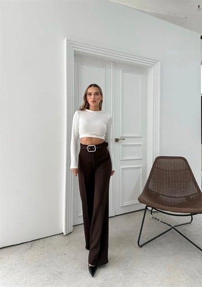 KEMERLİ YÜKSEK BEL İSPANYOL PAÇA DOUBLE KUMAŞ PANTOLON KAHVE