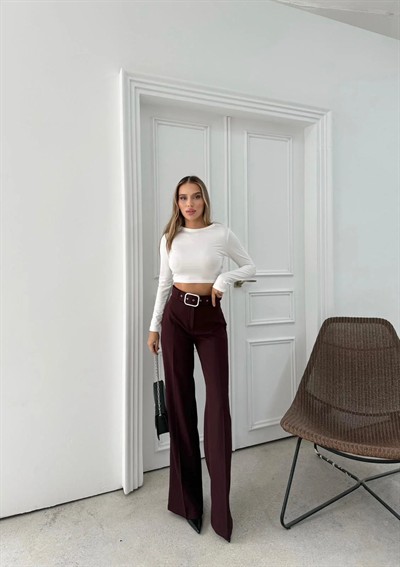 KEMERLİ YÜKSEK BEL İSPANYOL PAÇA DOUBLE KUMAŞ PANTOLON MÜRDÜM