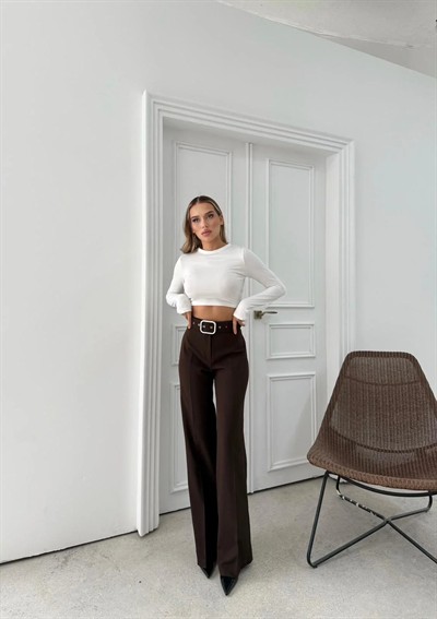 KEMERLİ YÜKSEK BEL İSPANYOL PAÇA DOUBLE KUMAŞ PANTOLON KAHVE