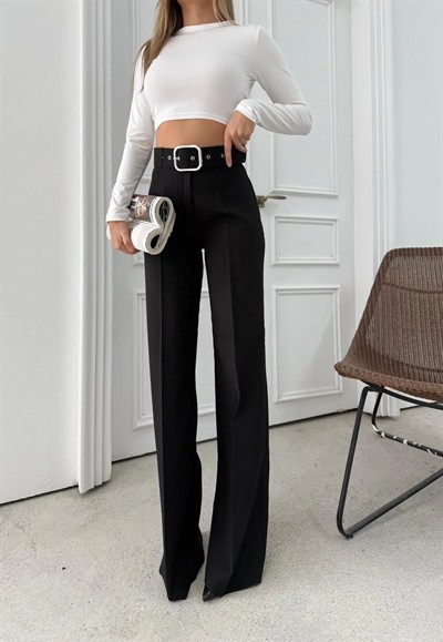 KEMERLİ YÜKSEK BEL İSPANYOL PAÇA DOUBLE KUMAŞ PANTOLON SİYAH