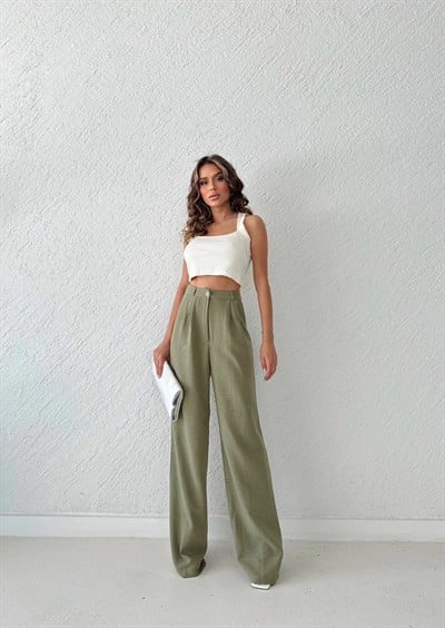 KETEN BEL LASTİKLİ TEK DÜĞME DETAY PALAZZO PANTOLON HAKİ
