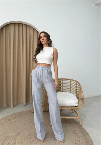 KETEN BEL LASTİKLİ TEK DÜĞME DETAY PALAZZO PANTOLON GRİ