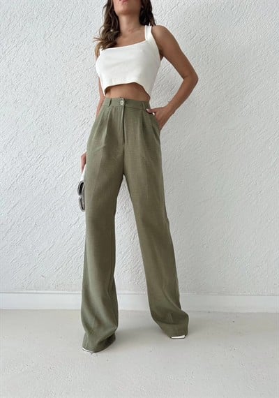 KETEN BEL LASTİKLİ TEK DÜĞME DETAY PALAZZO PANTOLON HAKİ