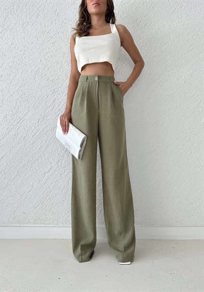 KETEN BEL LASTİKLİ TEK DÜĞME DETAY PALAZZO PANTOLON HAKİ