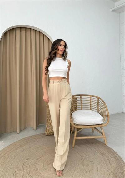 KETEN BEL LASTİKLİ TEK DÜĞME DETAY PALAZZO PANTOLON BEJ