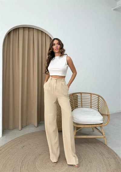 KETEN BEL LASTİKLİ TEK DÜĞME DETAY PALAZZO PANTOLON BEJ
