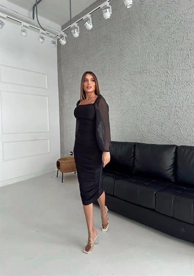 KOL TÜL YIRTMAÇLI UZUN ELBİSE SİYAH