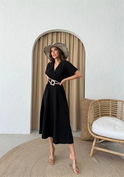 KRUVAZE YAKA HASIR KEMER DETAY UZUN ELBİSE SİYAH