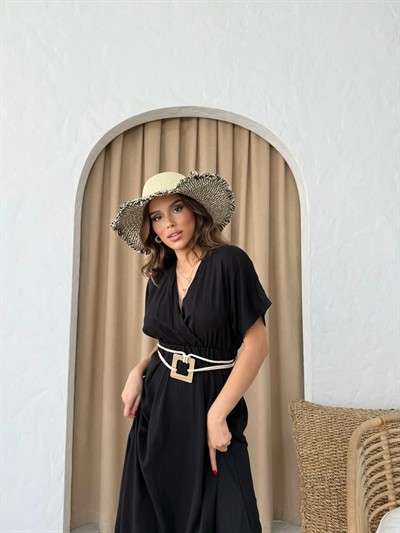 KRUVAZE YAKA HASIR KEMER DETAY UZUN ELBİSE SİYAH