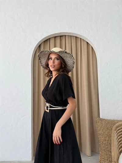 KRUVAZE YAKA HASIR KEMER DETAY UZUN ELBİSE SİYAH