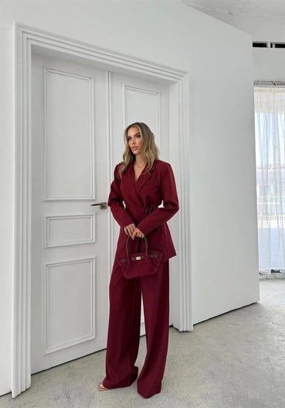 KRUVAZE YAKA YAN BAĞLAMA DETAY BLAZER CEKET VE PANTOLONLU İKİLİ TAKIM BORDO