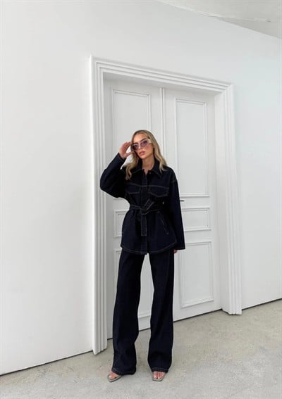 KUŞAKLI ÇİFT CEP CEKET VE PANTOLONLU KOT TAKIM