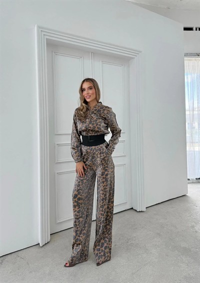 LEOPAR DESEN HIRKA VE PANTOLONLU İKİLİ TAKIM KAHVE