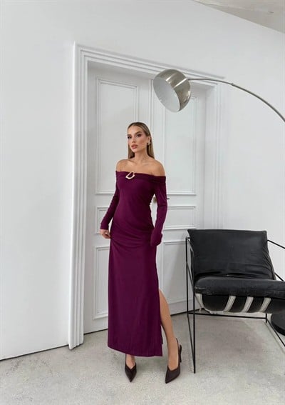 MADONNA YAKA AKSESUAR DETAY UZUN SANDY ELBİSE MÜRDÜM