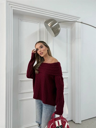 MADONNA YAKA ÖRGÜ DESENLİ KAZAK BORDO